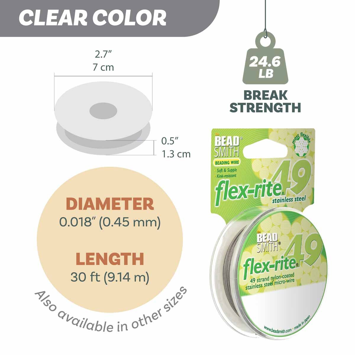Flex-Rite 49-Strand Beading Wire – .018” Clear | 30 Ft Spool