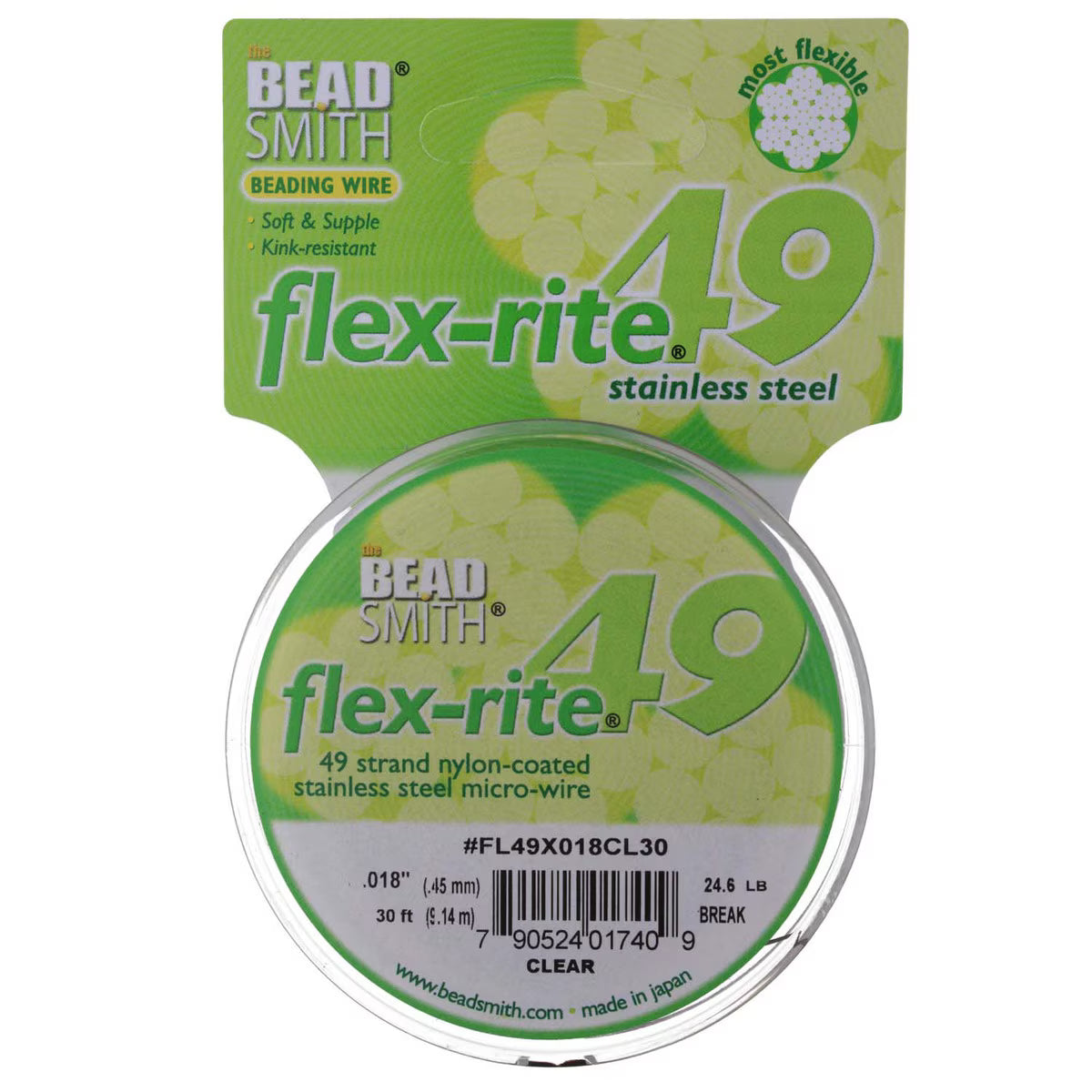Flex-Rite 49-Strand Beading Wire – .018” Clear | 30 Ft Spool