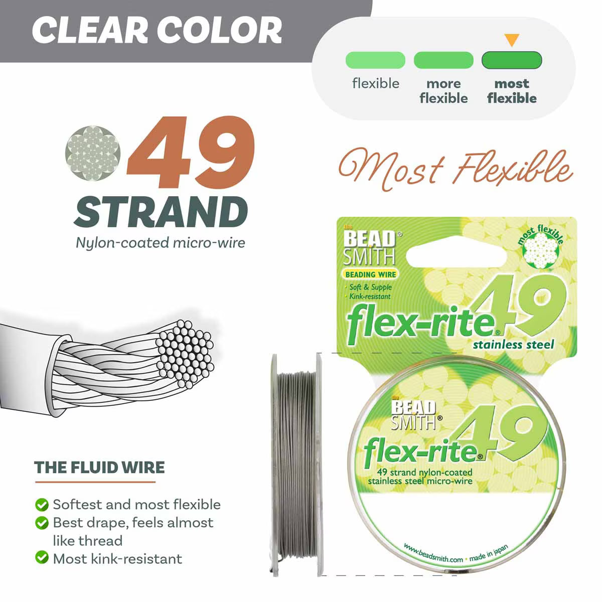 Flex-Rite 49-Strand Beading Wire – .024” Clear | 30 Ft Spool