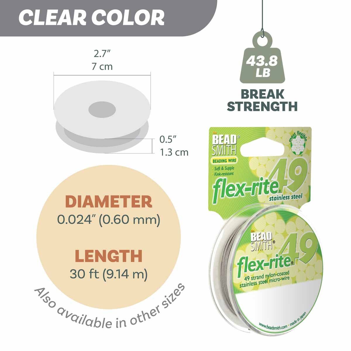 Flex-Rite 49-Strand Beading Wire – .024” Clear | 30 Ft Spool