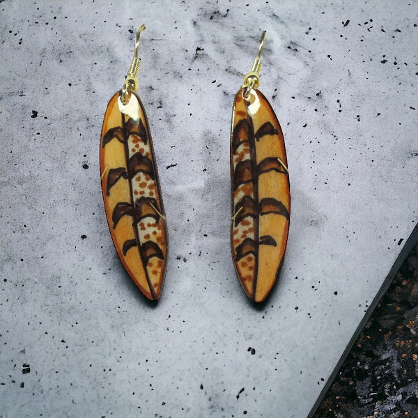 Brown  Falcon Feather Earring - Hand Painted Moose Antler Jewelry