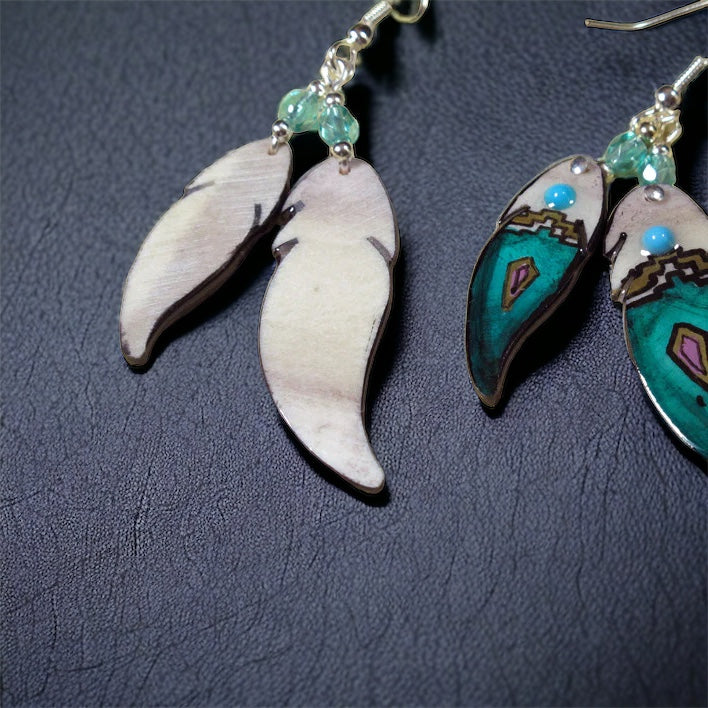 Teal Double Soaring Feather Earrings - Handmade Moose Antler Jewelry
