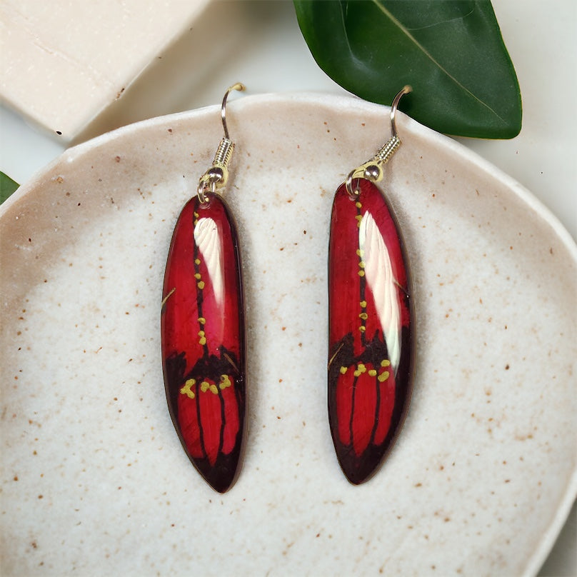 Red Falcon Feather Earrings - Hand Painted Moose Antler Jewelry