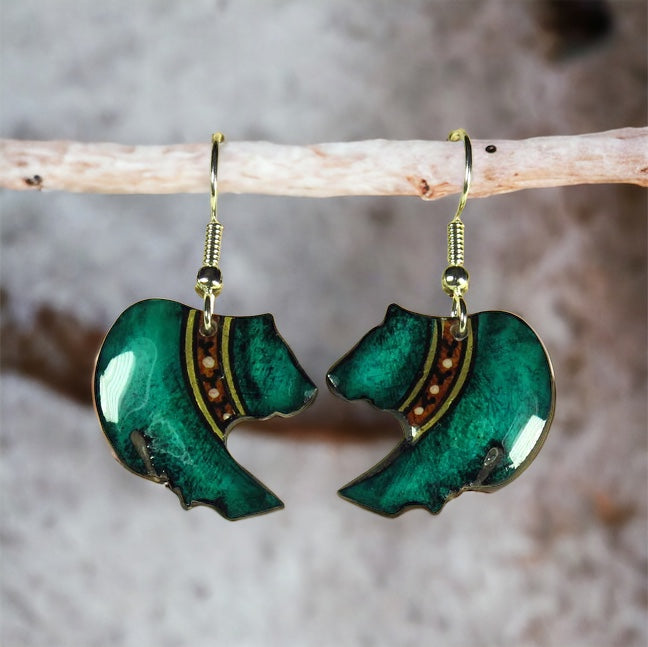 Teal Green Grizzley Bear Earrings - Handmade Moose Antler Jewelry