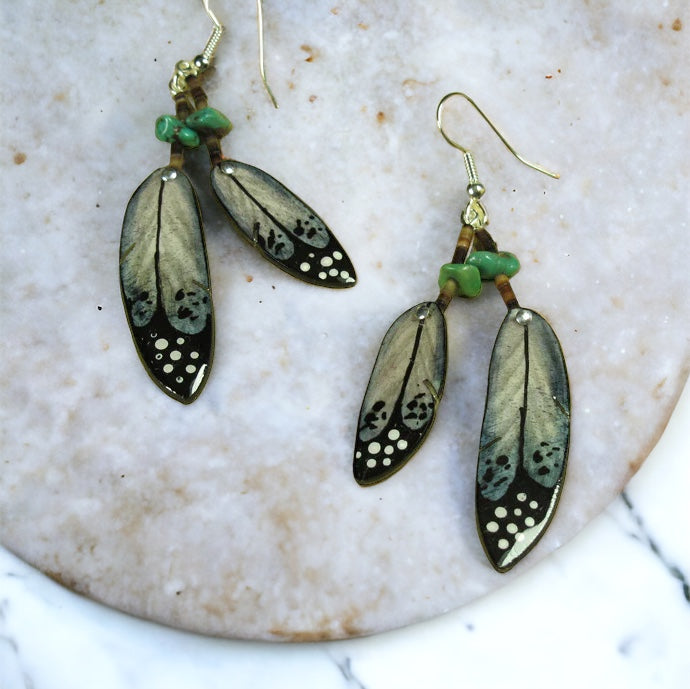 Antler Double Falcon Feather Earrings Grey - Black