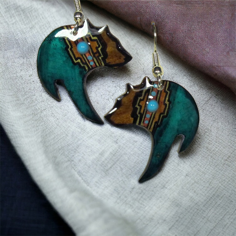 Black Bear Earrings - Teal - Handmade Moose Antler Jewelry