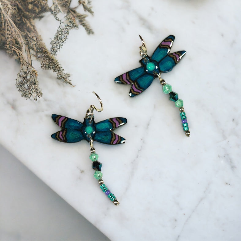 Blue Dragonfly Antler Earrings - Handmade Moose Antler Jewelry