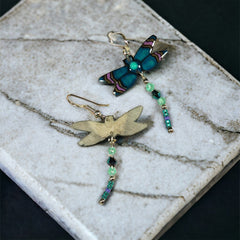 Blue Dragonfly Antler Earrings - Handmade Moose Antler Jewelry