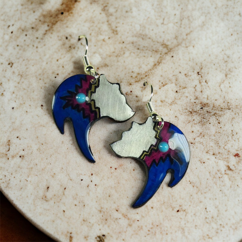Black Bear Earrings - Blue - Handmade Moose Antler Jewelry