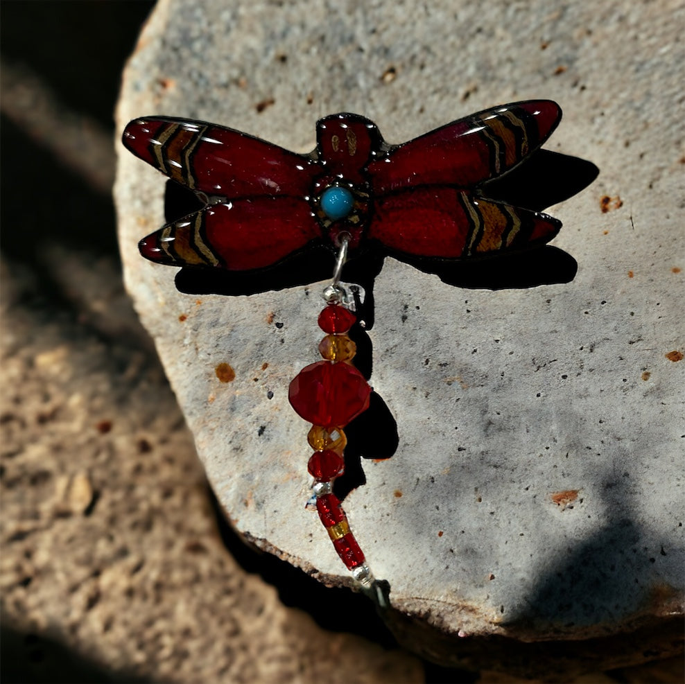 Red Dragonfly Antler Pin - Handmade Moose Antler Jewelry
