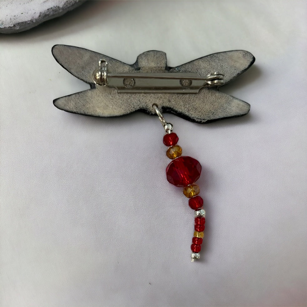 Red Dragonfly Antler Pin - Handmade Moose Antler Jewelry
