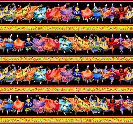 Shawl Dancers Black Border Stripe Cotton Fabric | Ribbon Skirt Fabric