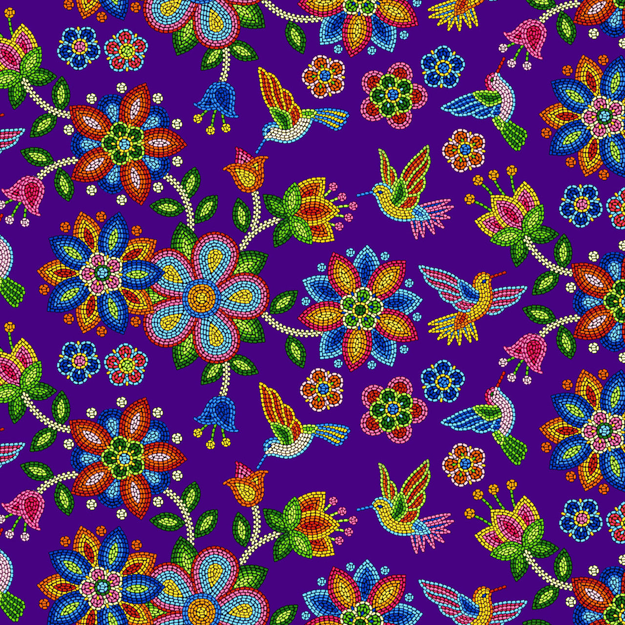 Tucson Beaded Hummingbird Floral Purple Cotton Fabric | Ribbon Skirt Fabric | 1/2 Yard