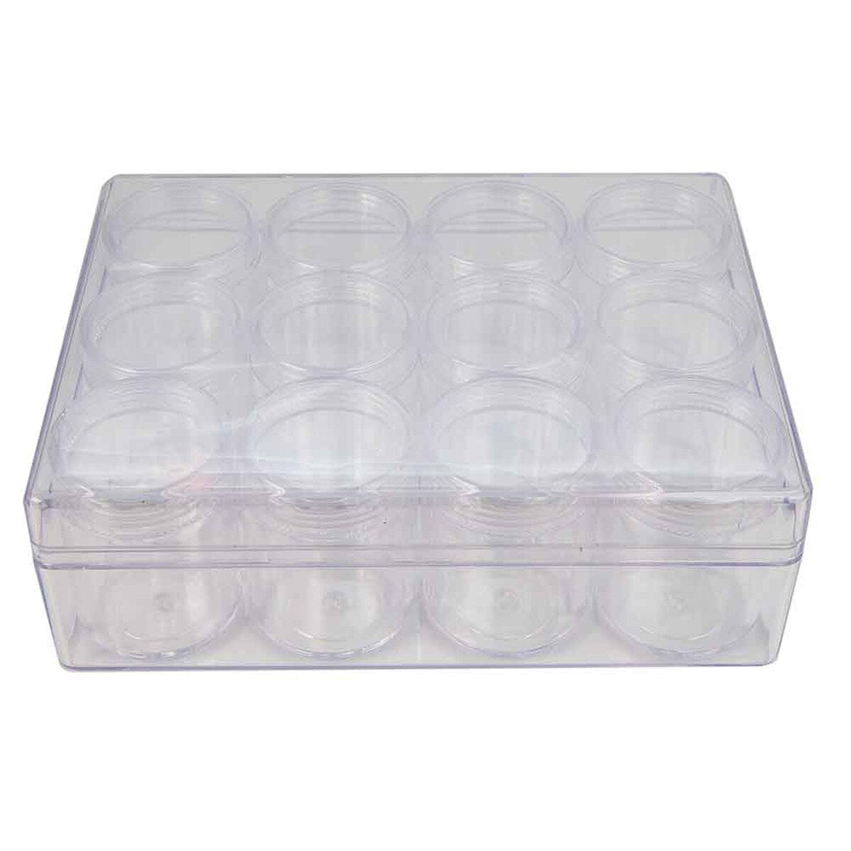 Clear Bead Storage Box with 12 Jars & Lids | 6.25” x 4.75” x 2.1”