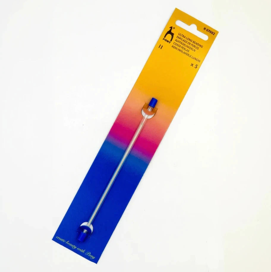 A pack of five 11-gauge long beading wire hooks with blue tips, presented on a colorful gradient cardboard backing with a white background.