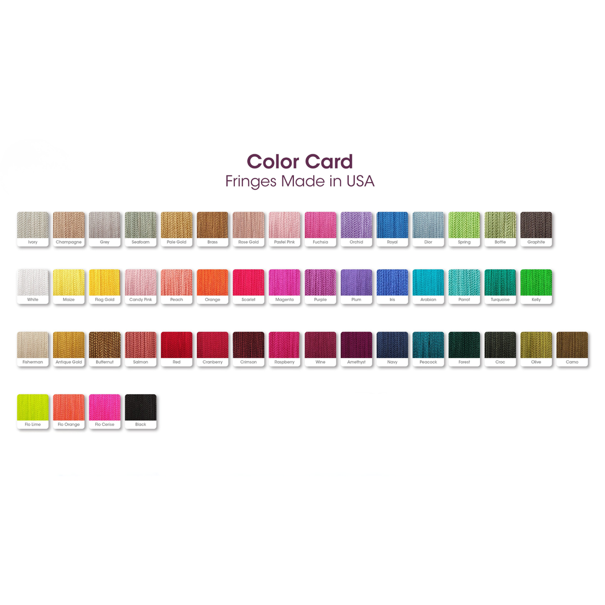 Color card with various color swatches for fringes made in the USA