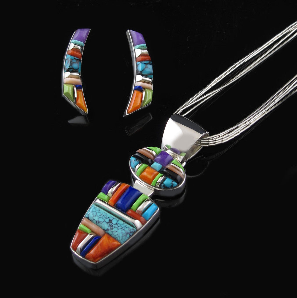 Multi Stone Corn Row Pendant Earring Set