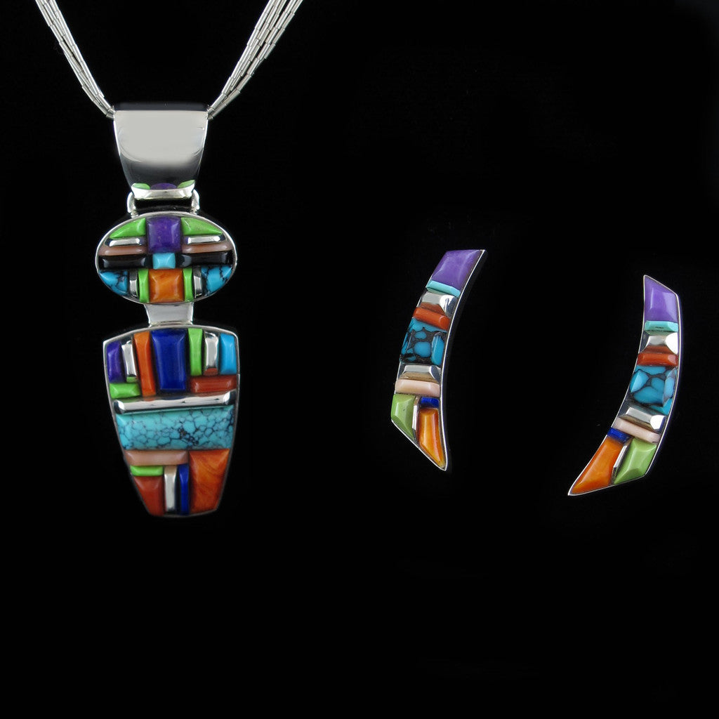 Multi Stone Corn Row Pendant Earring Set
