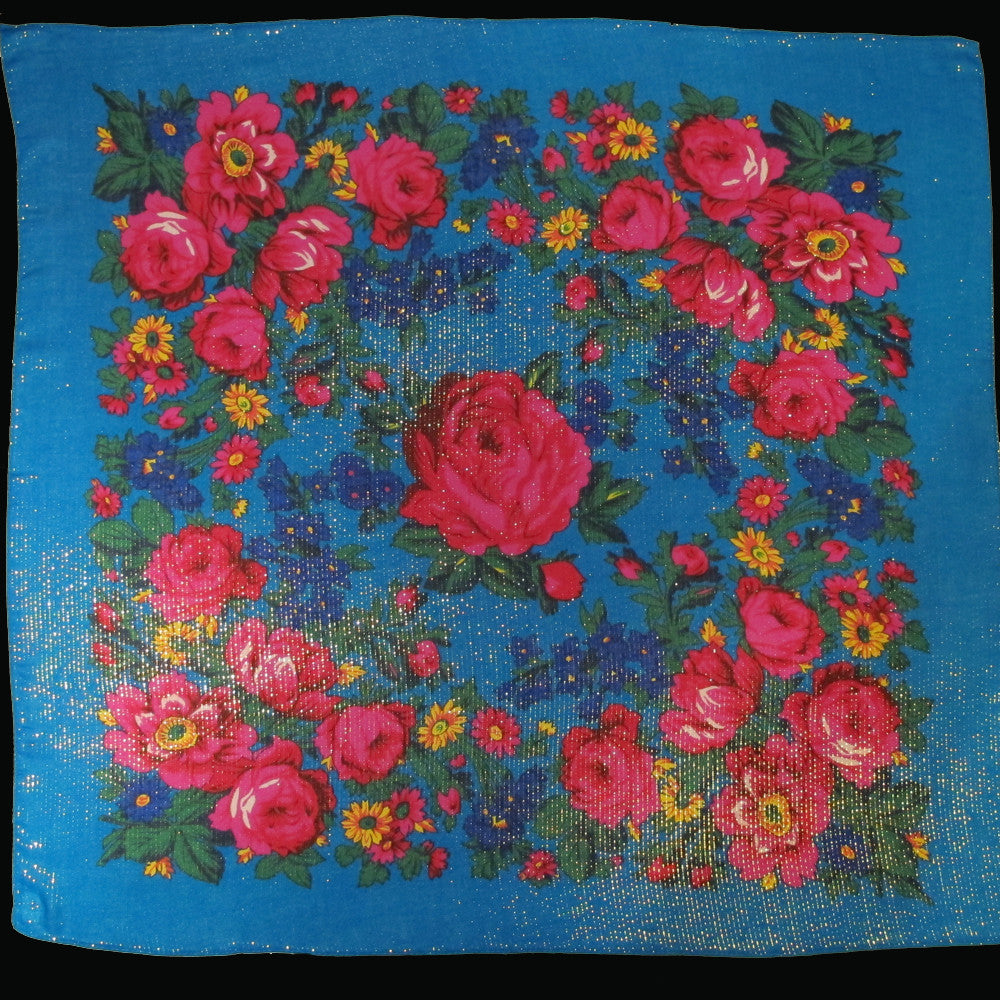 Rose Metallic Scarf Turquoise 30"x30"