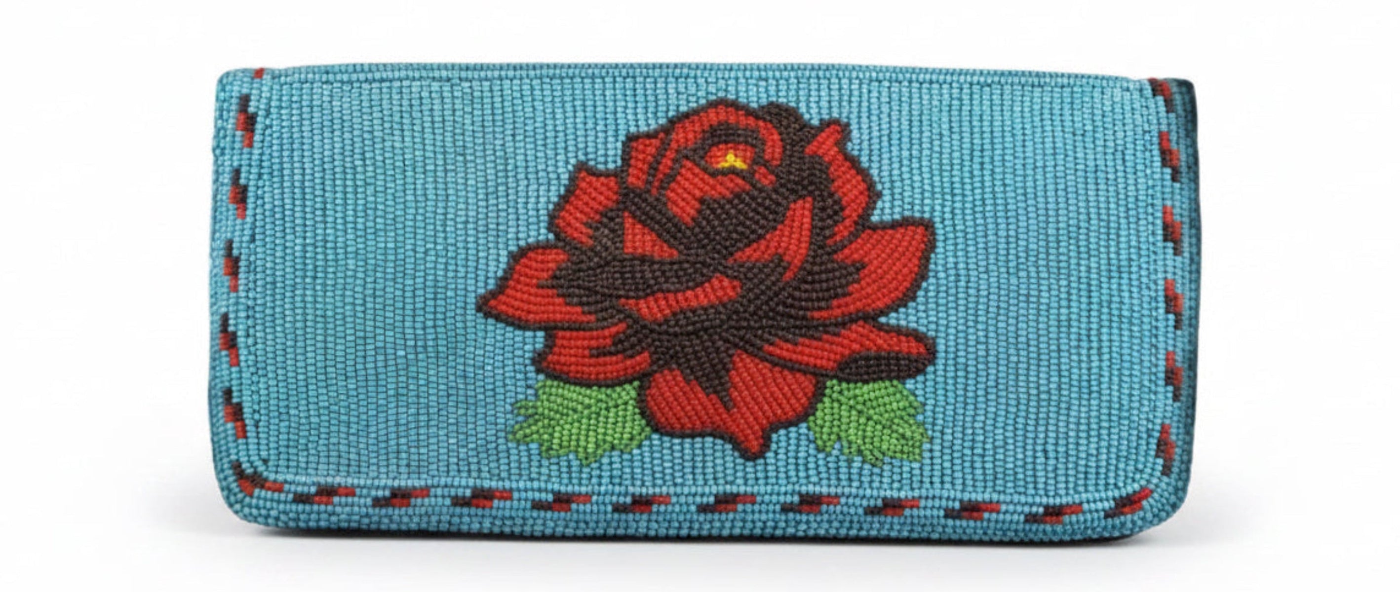 Blue beaded wallet with a red rose design on a black background