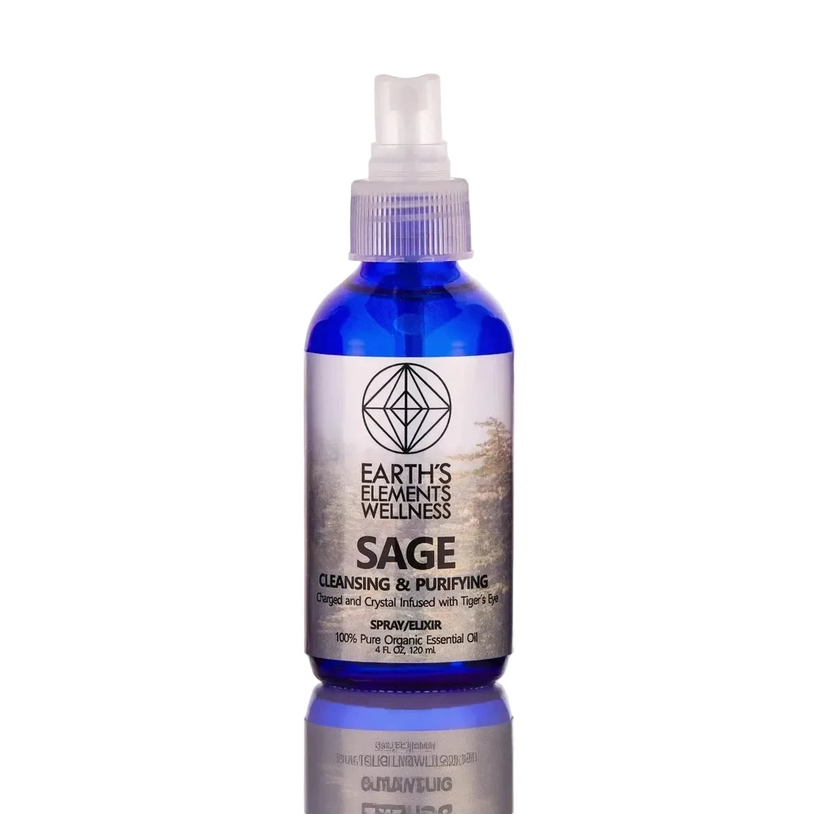 A blue spray bottle labeled 'EARTH'S ELEMENTS WELLNESS SAGE Cleansing & Purifying', infused with Tiger's Eye, and containing 4oz of essential oil spray.