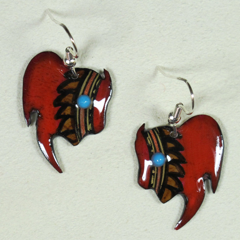 Red Buffalo Head Earrings - Handmade Moose Antler Jewelry