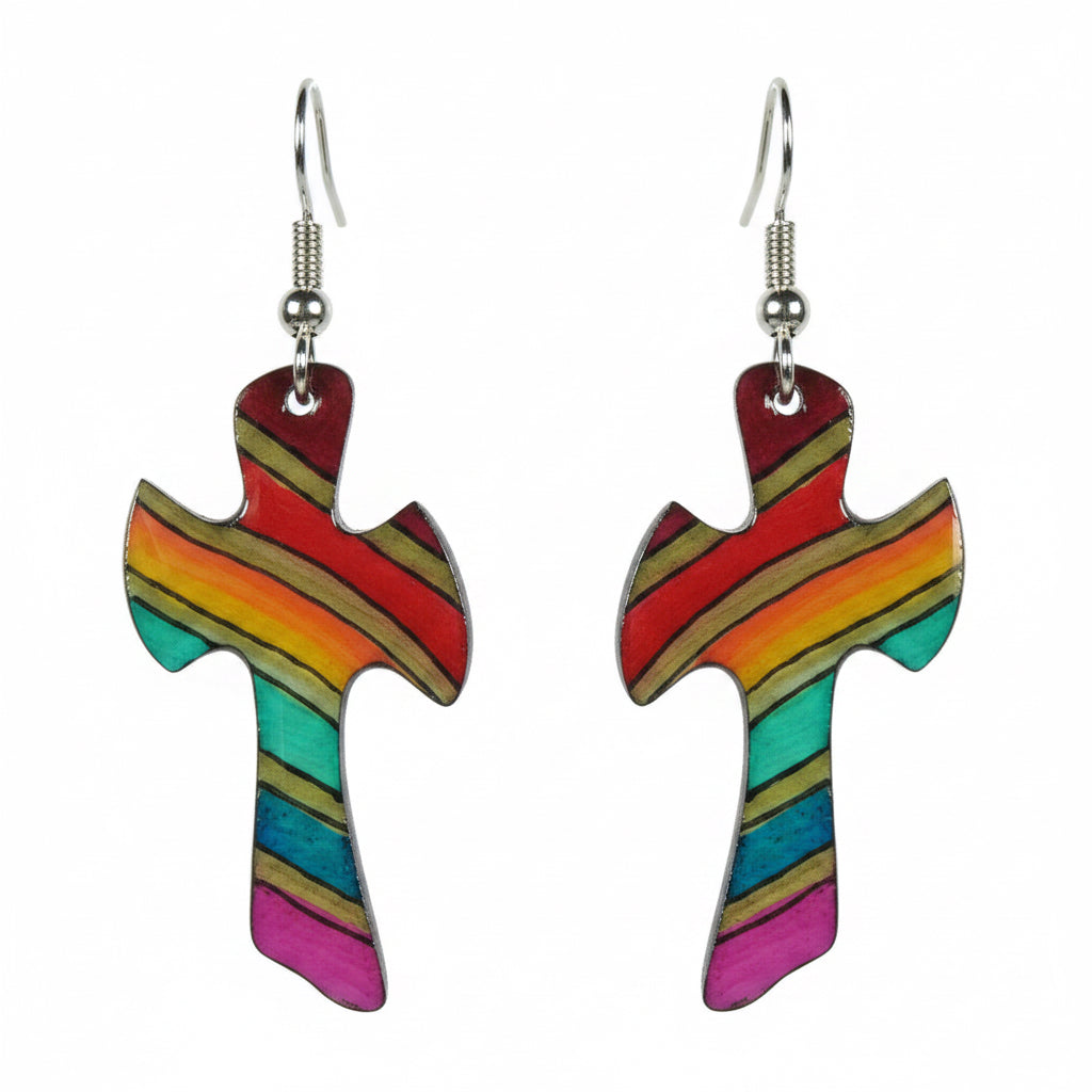 A pair of multicolored earrings shaped in the form of a cross, hand-painted on moose antler.