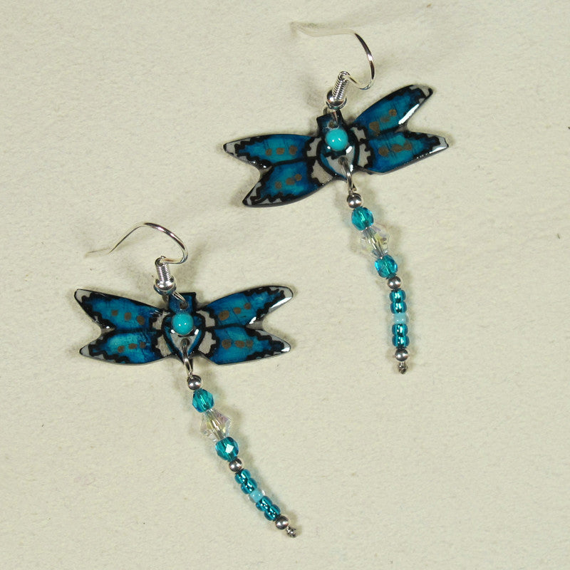 Blue & White Dragonfly Earrings - Handmade Moose Antler Jewelry