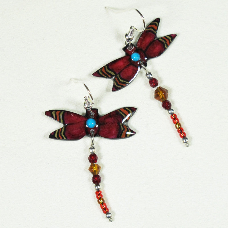 Red Dragonfly Earrings - Handmade Moose Antler Jewelry