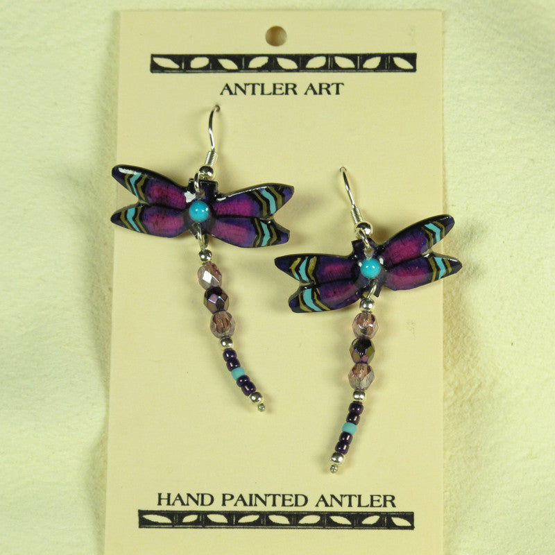 Purple Dragonfly Earrings - Handmade Moose Antler Jewelry