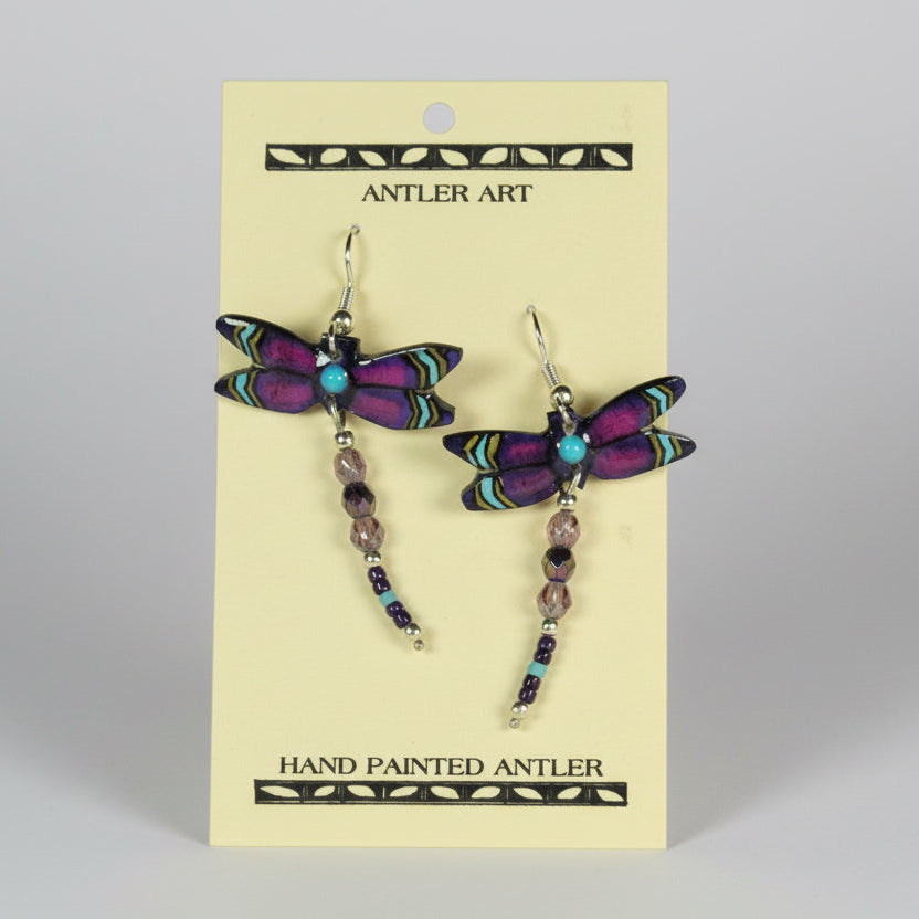 Purple Dragonfly Earrings - Handmade Moose Antler Jewelry