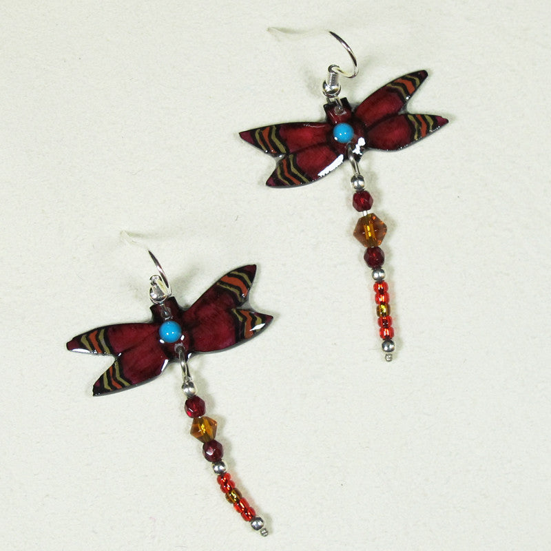 Red Dragonfly Earrings - Handmade Moose Antler Jewelry