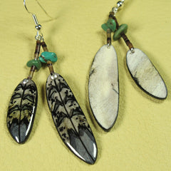 Grey Double Falcon Feather Antler Earrings - Handmade Moose Antler Jewelry