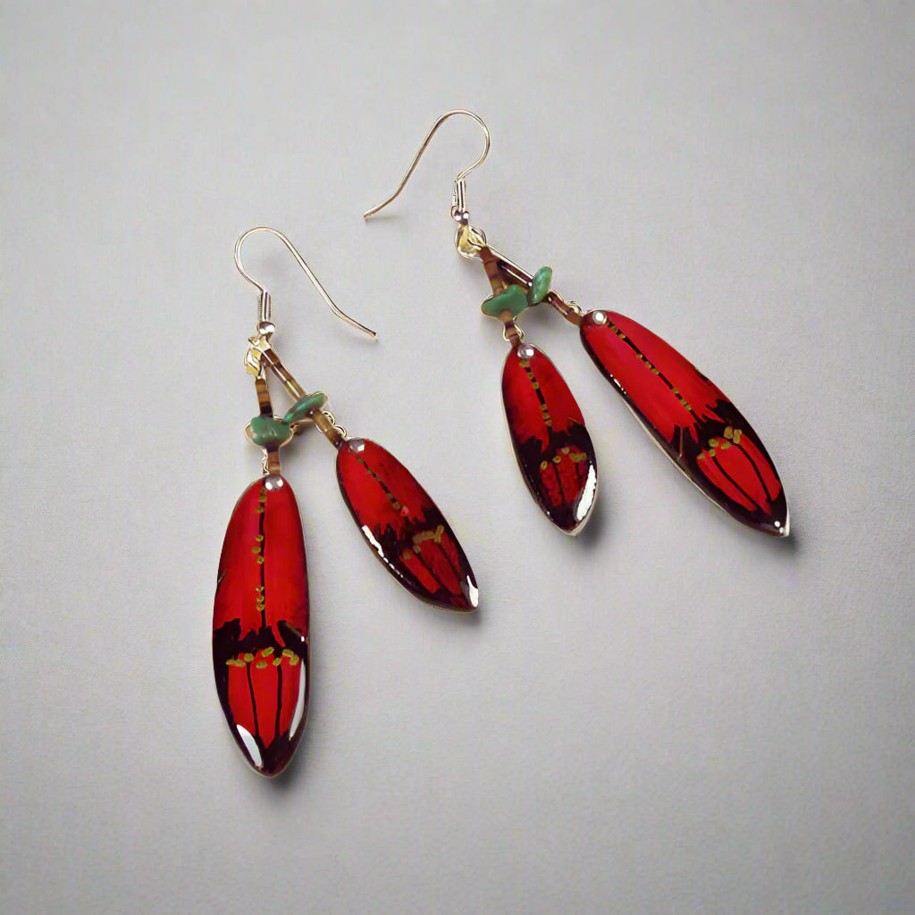 Red Double Falcon Feather Earrings- Handmade Moose Antler Jewelry