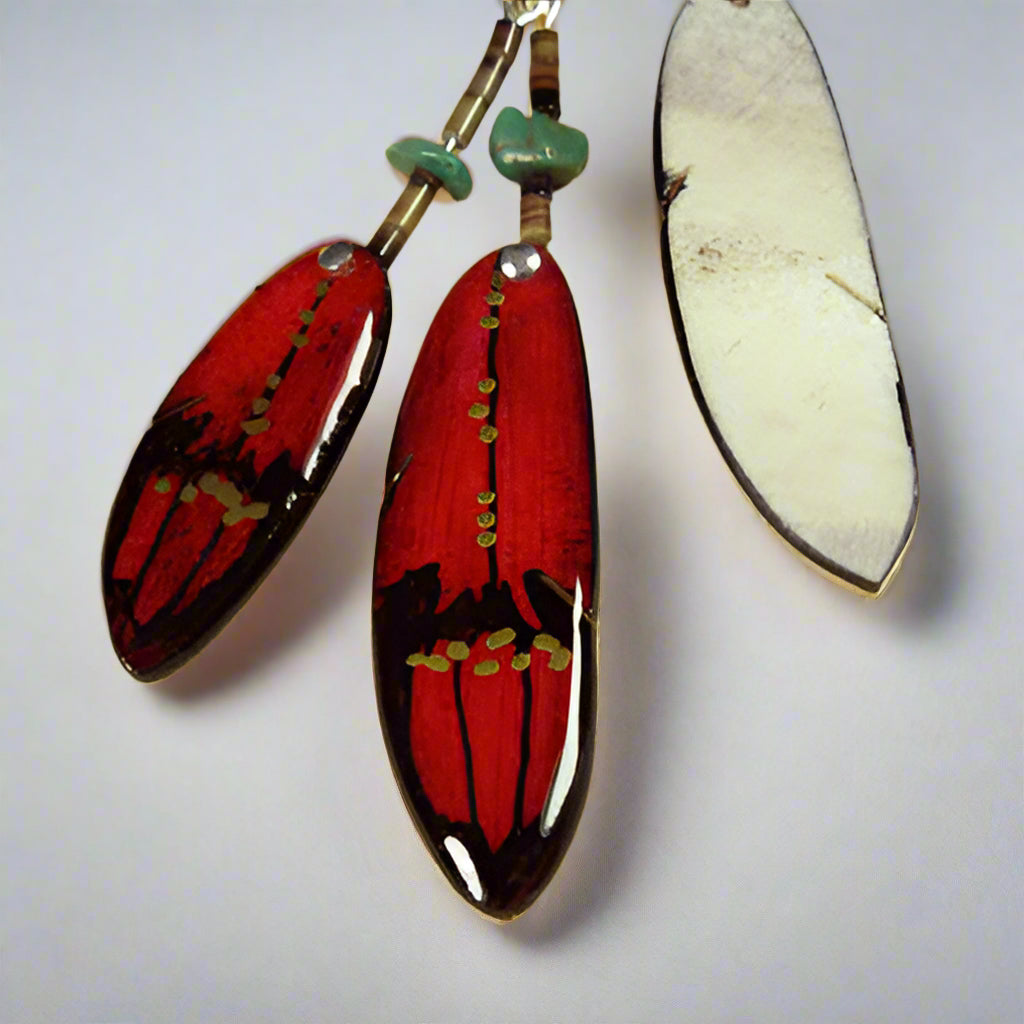 Red Double Falcon Feather Earrings- Handmade Moose Antler Jewelry