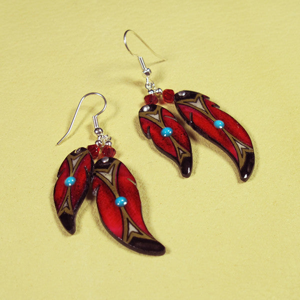 Red Double Soaring Feather Earrings - Handmade Moose Antler Jewelry