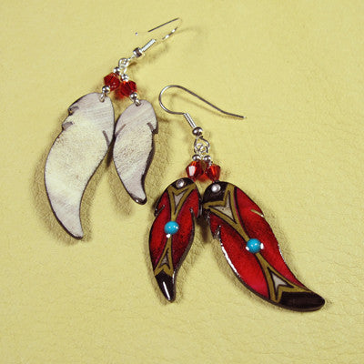 Red Double Soaring Feather Earrings - Handmade Moose Antler Jewelry
