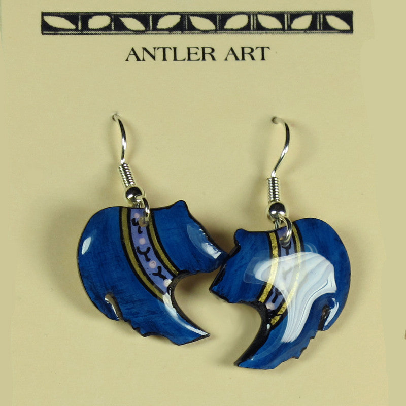 Blue Grizzly Bear Earrings - Handmade Moose Antler Jewelry