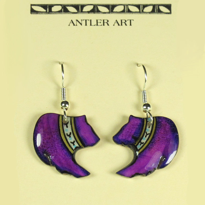 Purple Grizzley Bear Earrings - Handmade Moose Antler Jewelry