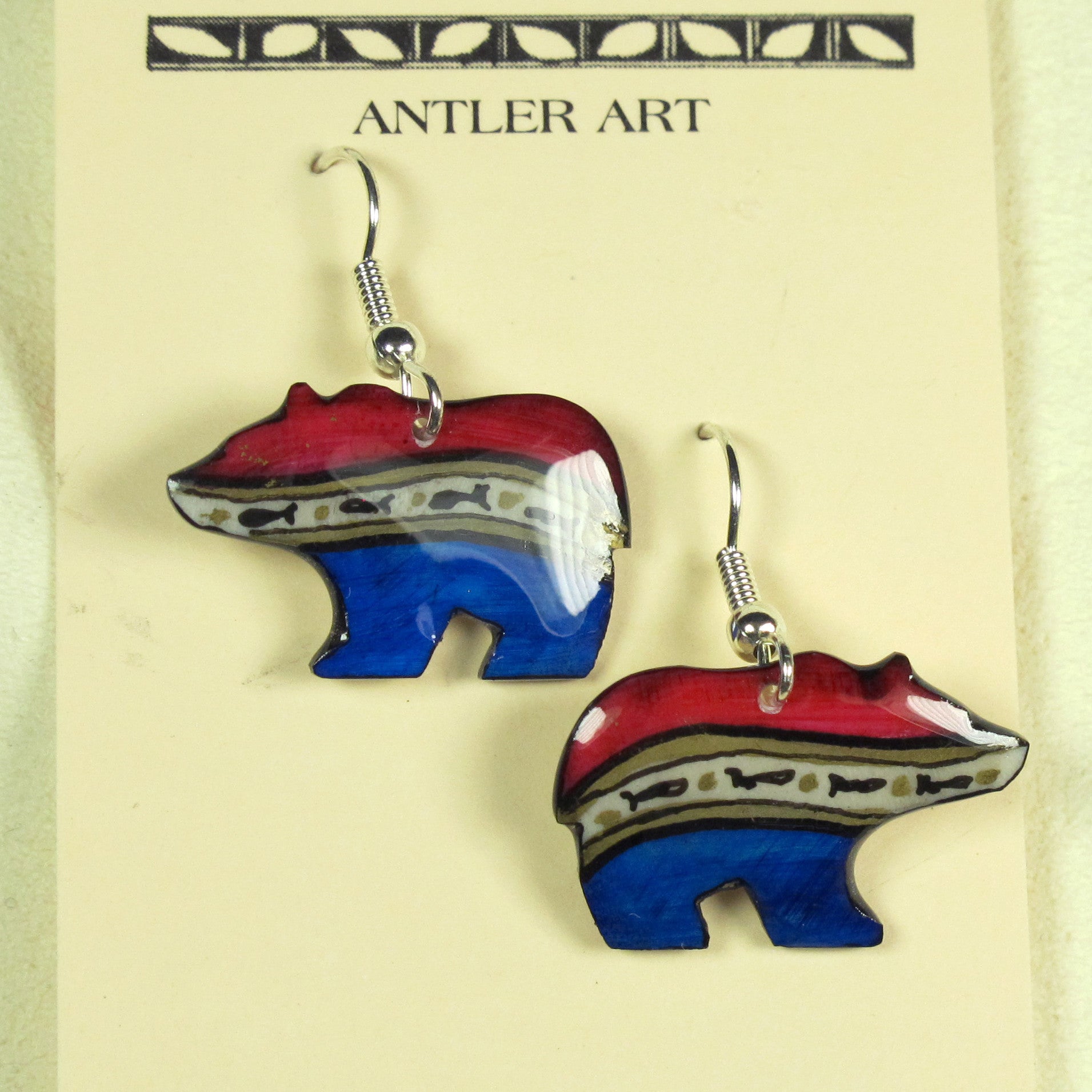 Red White & Blue Walking Bear Earrings - Handmade Moose Antler Jewelry