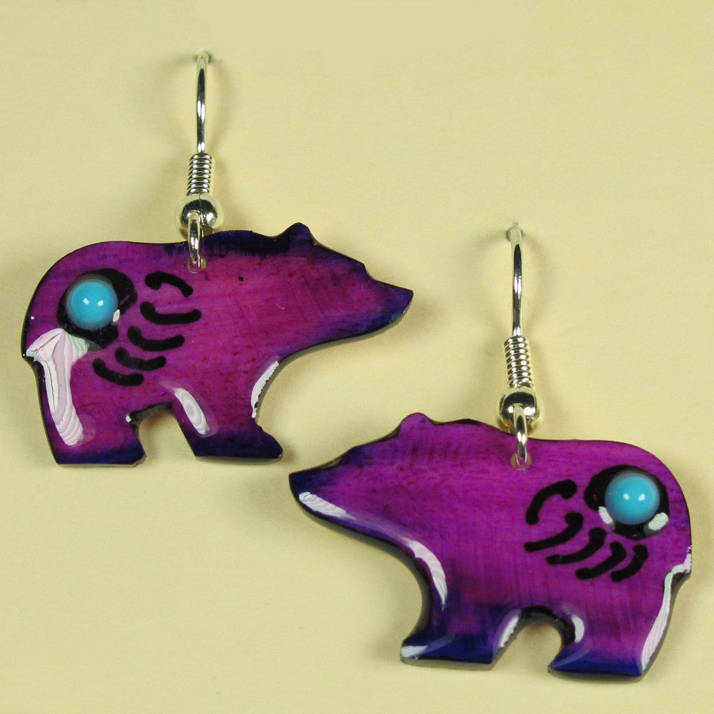 Purple Walking Bear Earrings - Handmade Moose Antler Jewelry