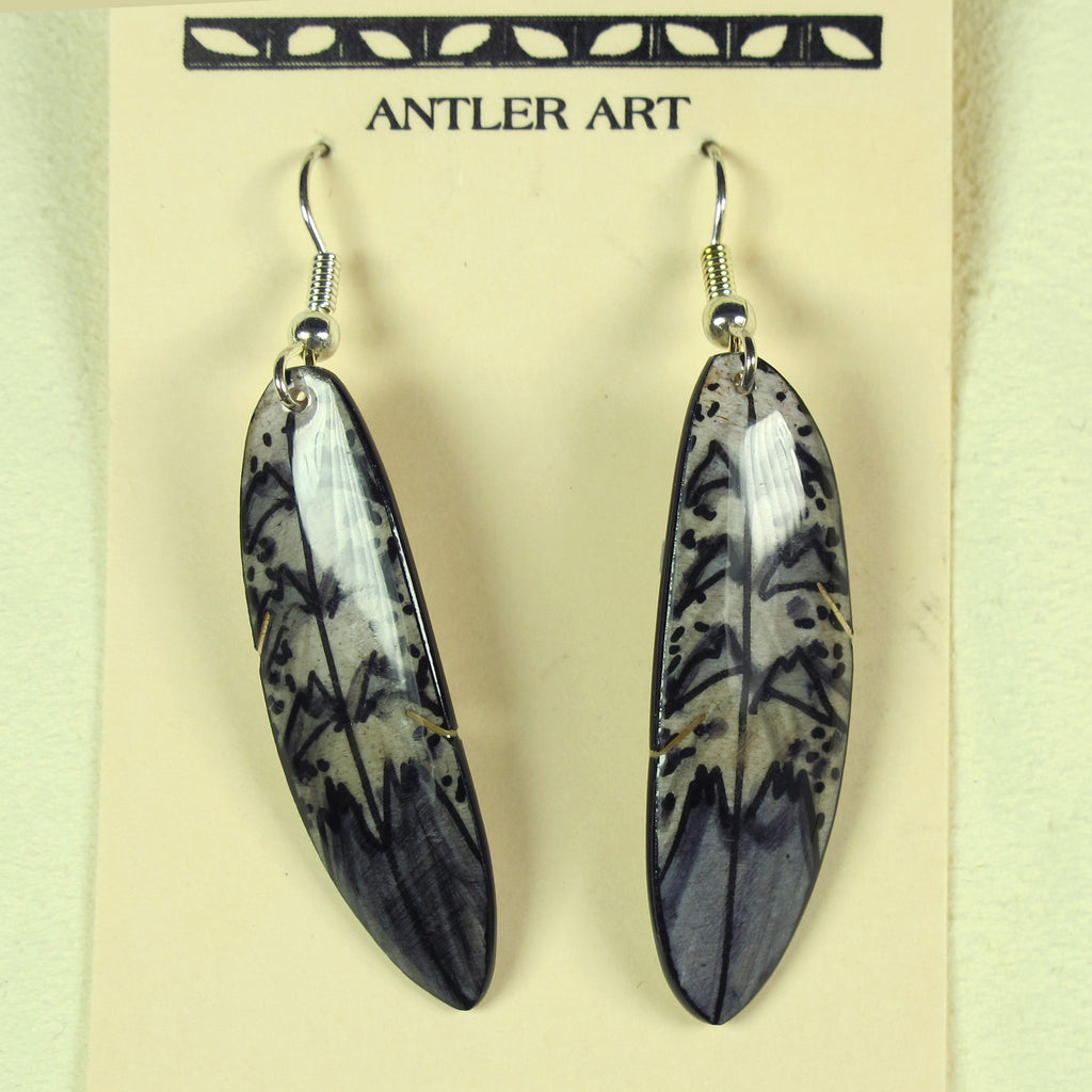 Grey Falcon Feather Earring - Hand Painted Moose Antler Jewelry