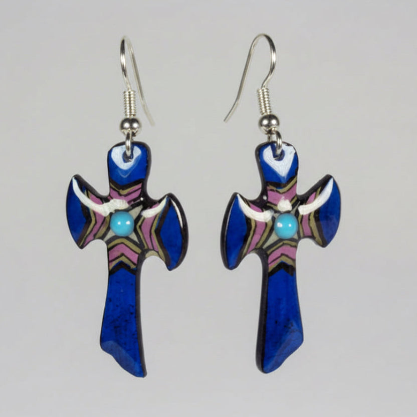 Blue Cross Earrings - Hand Painted Moose Antler Jewelry