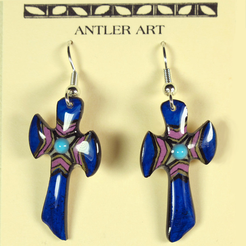 Blue Cross Earrings - Hand Painted Moose Antler Jewelry