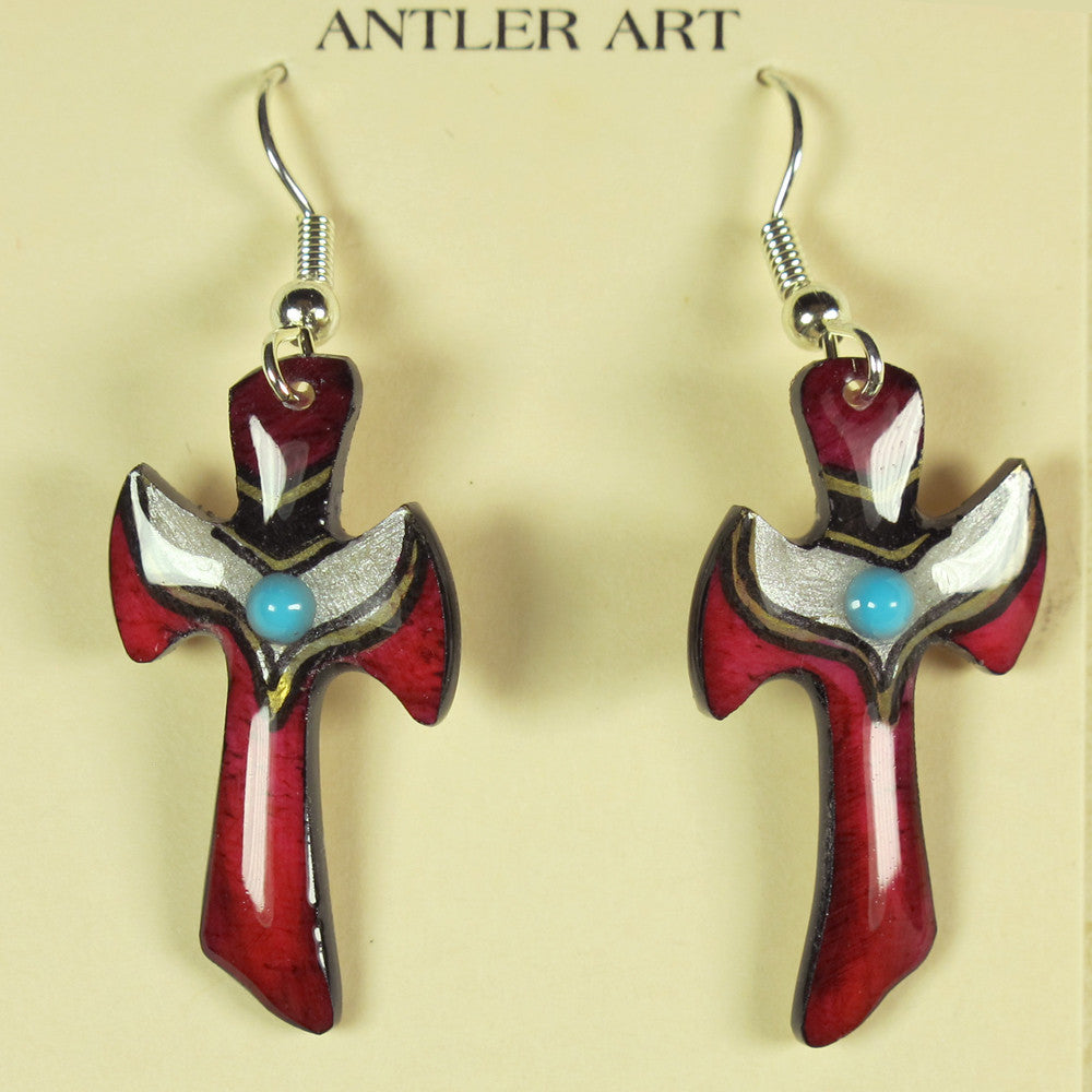 Red Cross Earrings - Hand Painted Moose Antler Jewelry