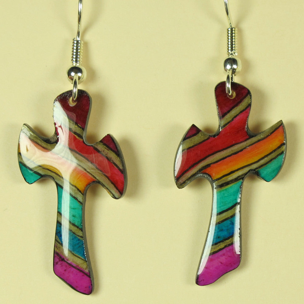 Multi Colored Cross Earrings - Hand Painted Moose Antler Jewelry