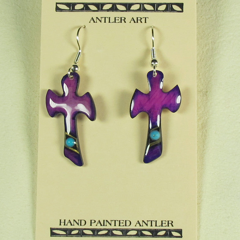Purple Cross Earrings - Hand Painted Moose Antler Jewelry
