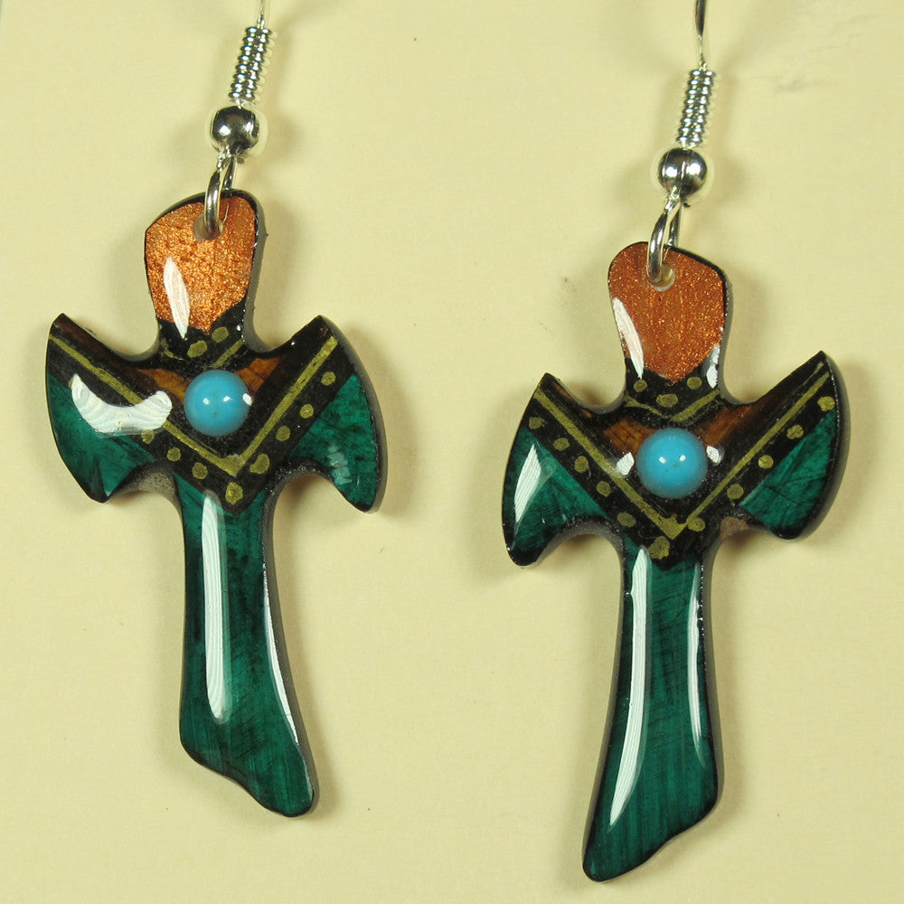 Teal Cross Earrings - Hand Painted Moose Antler Jewelry