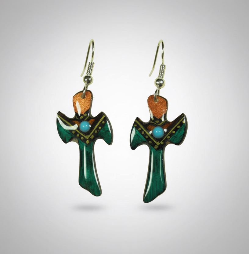 Teal Cross Earrings - Hand Painted Moose Antler Jewelry