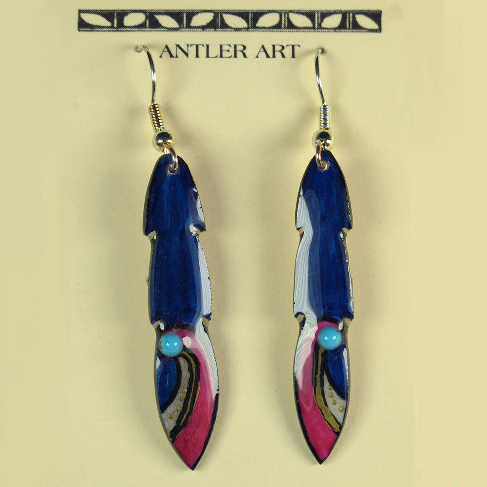 Blue Medium Pony Feather Earrings - Handmade Moose Antler Jewelry